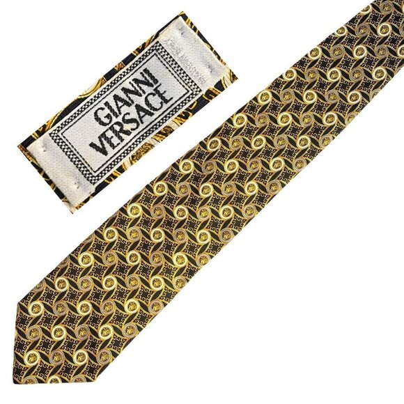 GIANNI VERSACE 90s Vintage Metallic Silk Medusa Pattern Tie Made in Italy - Picture 1 of 9
